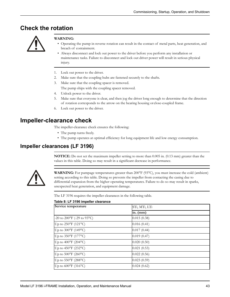 Check the rotation, Impeller-clearance check, Impeller clearances (lf 3196) | Check the rotation impeller-clearance check | Goulds Pumps LF 3196 i-FRAME - IOM User Manual | Page 45 / 142
