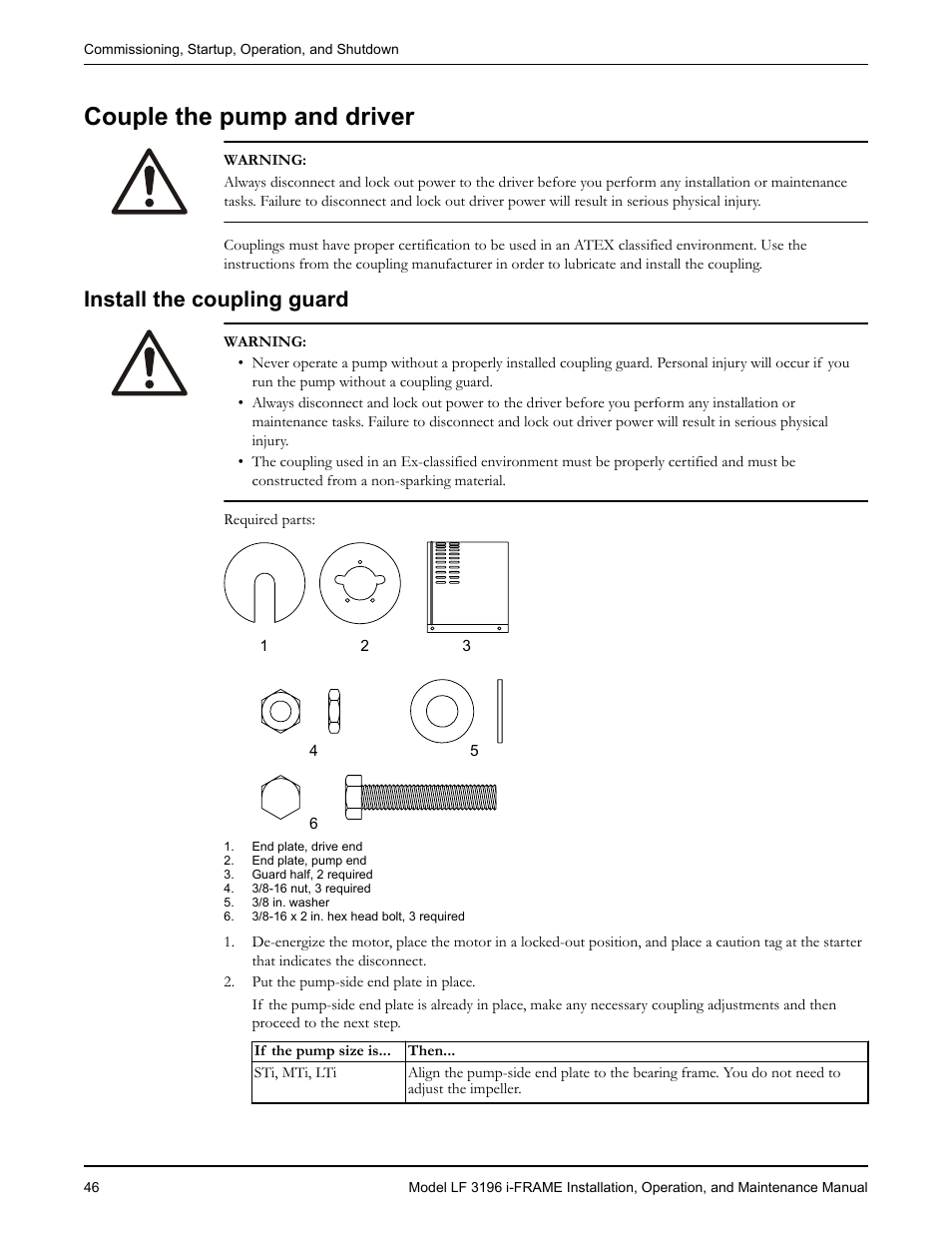 Couple the pump and driver, Install the coupling guard | Goulds Pumps LF 3196 i-FRAME - IOM User Manual | Page 48 / 142