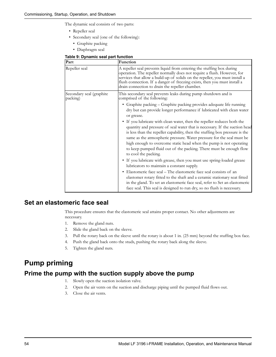 Set an elastomeric face seal, Pump priming | Goulds Pumps LF 3196 i-FRAME - IOM User Manual | Page 56 / 142