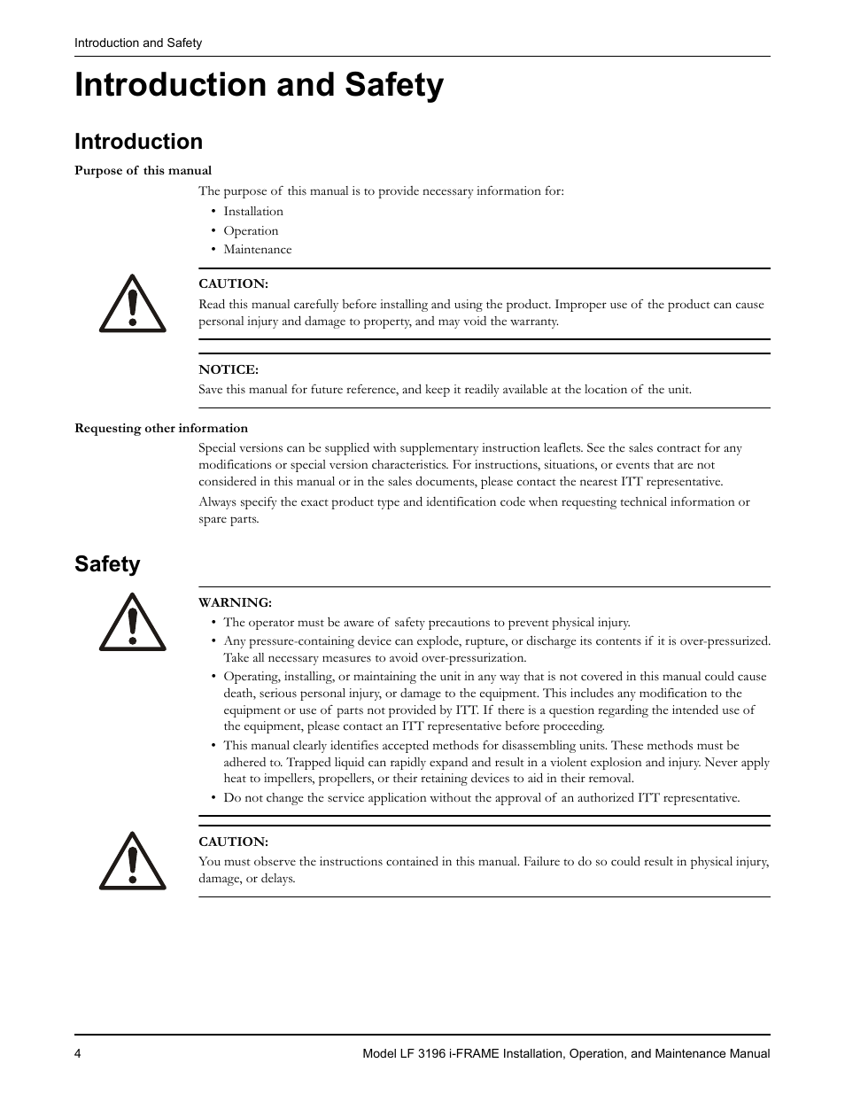 Introduction and safety, Introduction, Requesting other information | Safety, Equesting other information | Goulds Pumps LF 3196 i-FRAME - IOM User Manual | Page 6 / 142