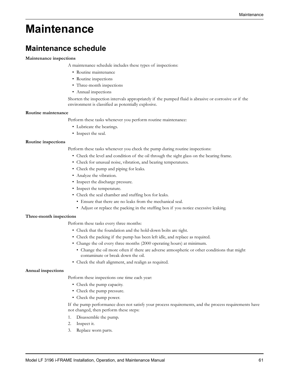Maintenance, Maintenance schedule | Goulds Pumps LF 3196 i-FRAME - IOM User Manual | Page 63 / 142