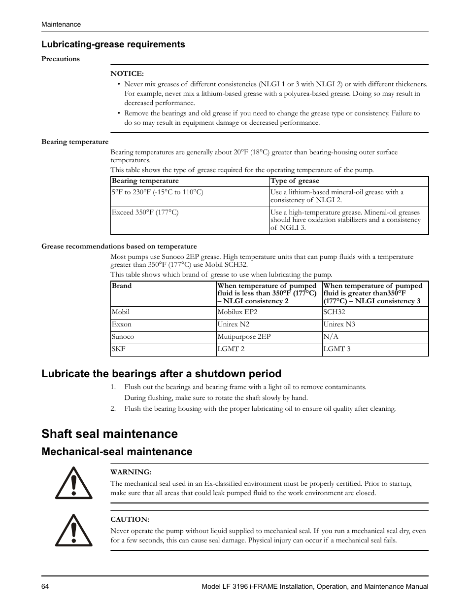 Lubricating-grease requirements, Lubricate the bearings after a shutdown period, Shaft seal maintenance | Mechanical-seal maintenance | Goulds Pumps LF 3196 i-FRAME - IOM User Manual | Page 66 / 142