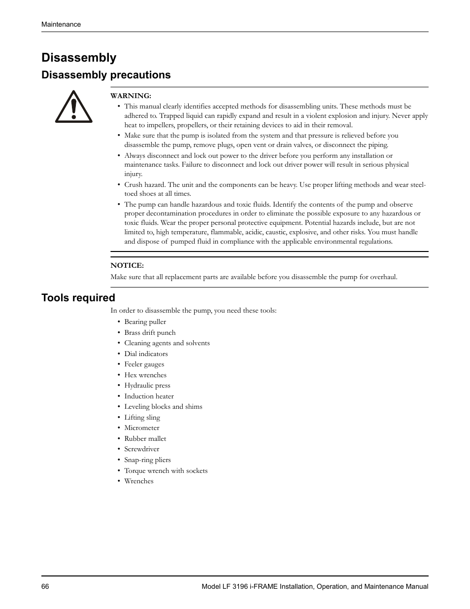 Disassembly, Disassembly precautions, Tools required | Ools required | Goulds Pumps LF 3196 i-FRAME - IOM User Manual | Page 68 / 142