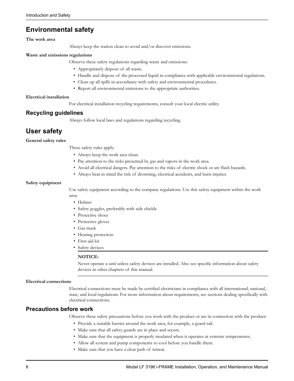 Environmental safety, Recycling guidelines, User safety | Precautions before work, Vironmental safety user safety | Goulds Pumps LF 3196 i-FRAME - IOM User Manual | Page 8 / 142