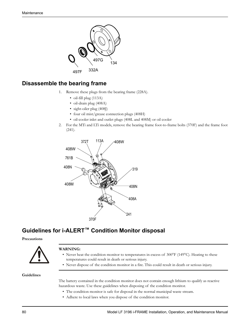 Disassemble the bearing frame, Guidelines for i-alert™ condition monitor disposal, Condition monitor disposal | Guidelines for i-alert | Goulds Pumps LF 3196 i-FRAME - IOM User Manual | Page 82 / 142