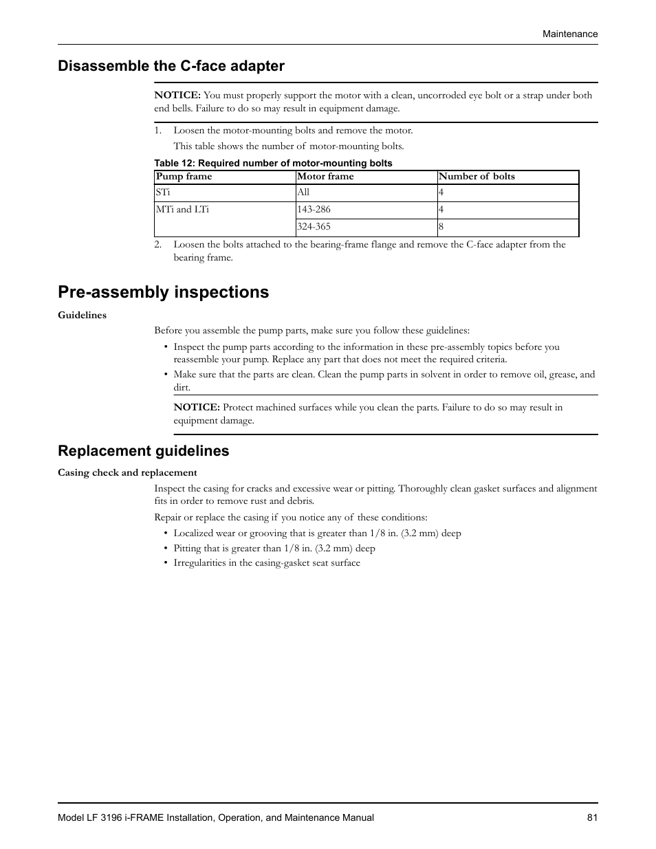 Disassemble the c-face adapter, Pre-assembly inspections, Replacement guidelines | Placement guidelines | Goulds Pumps LF 3196 i-FRAME - IOM User Manual | Page 83 / 142