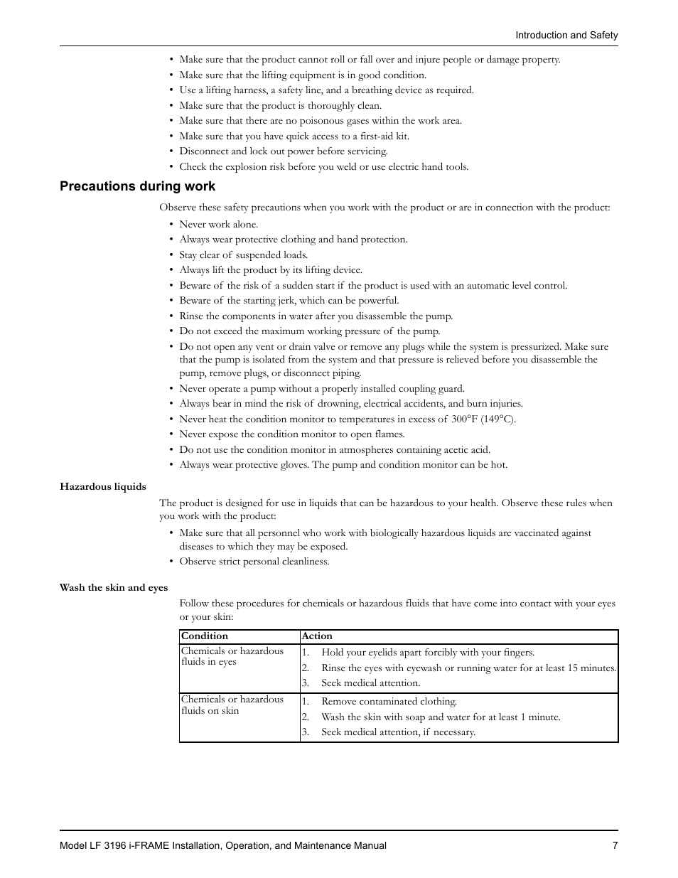 Precautions during work, Hazardous liquids, Wash the skin and eyes | Goulds Pumps LF 3196 i-FRAME - IOM User Manual | Page 9 / 142