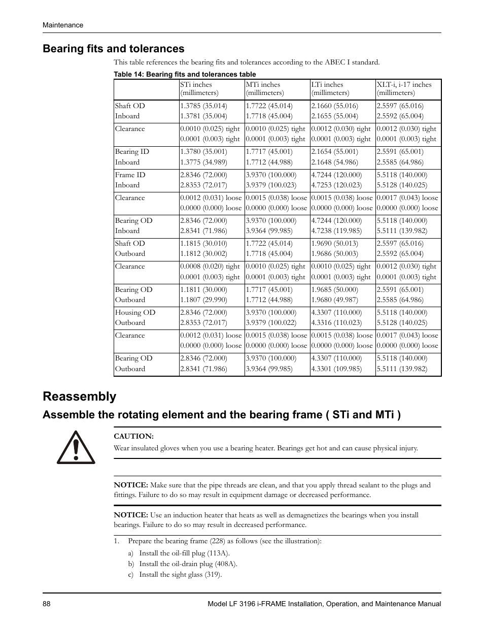 Bearing fits and tolerances, Reassembly, Eassembly | Goulds Pumps LF 3196 i-FRAME - IOM User Manual | Page 90 / 142