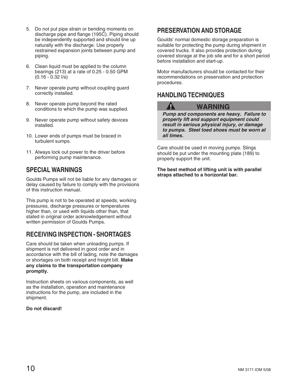 Special warnings, Receiving inspection - shortages, Preservation and storage | Handling techniques, Warning | Goulds Pumps NM3171 - IOM User Manual | Page 16 / 40