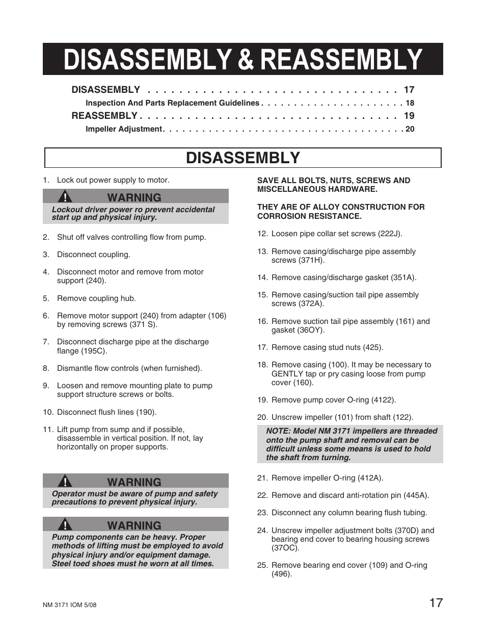 Disassembly & reassembly, Disassembly, Warning | Goulds Pumps NM3171 - IOM User Manual | Page 23 / 40