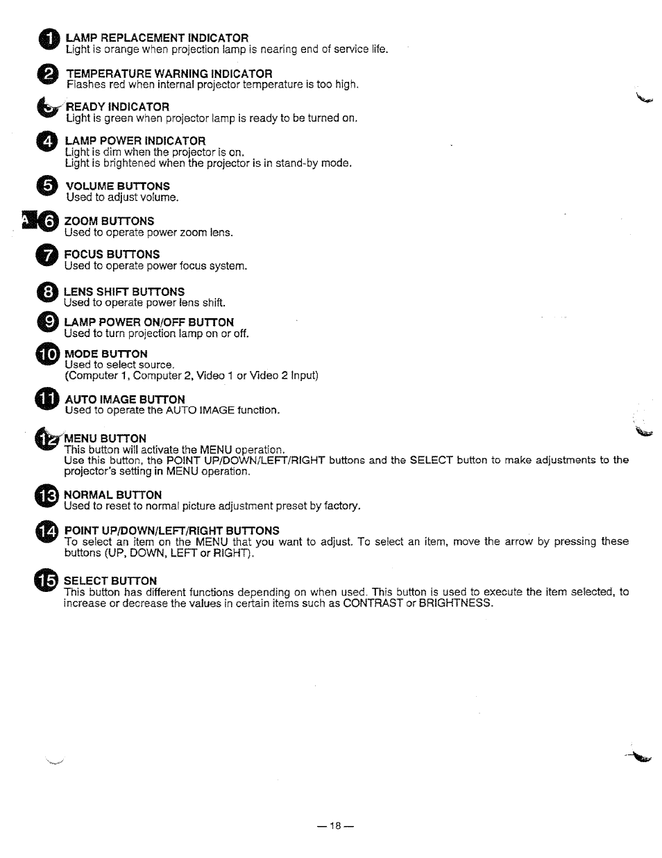 Lamp replacement indicator, Temperature warning indicator, Ready indicator | Rm lamp power indicator, Mw zoom buttons, Focus buttons, Lens shift buttons, Lamp power on/off button, I] mode button, Auto image button | Ask Proxima Pro AV 9310L User Manual | Page 18 / 49