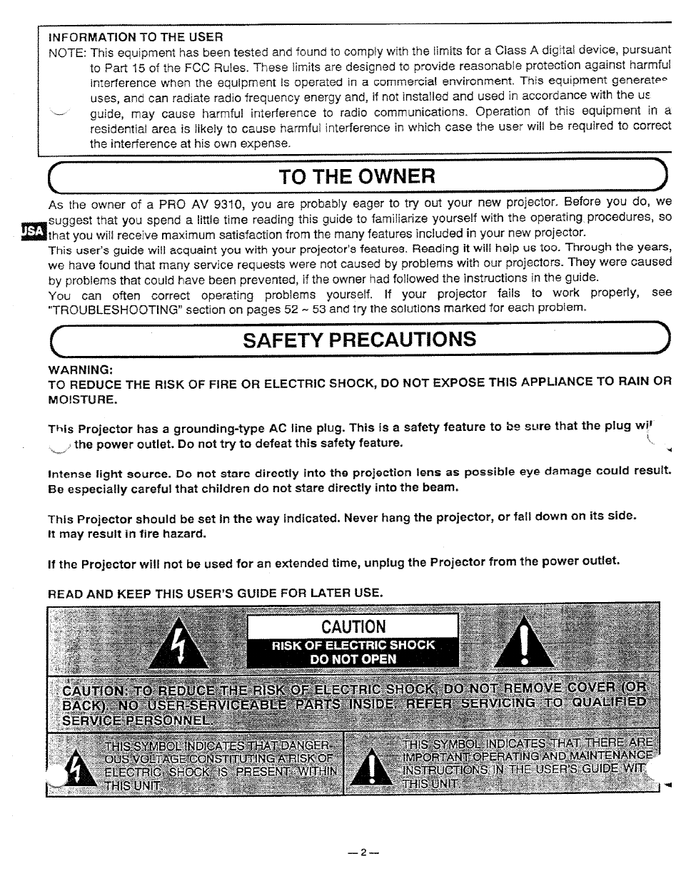To the owner, Safety precautions | Ask Proxima Pro AV 9310L User Manual | Page 2 / 49