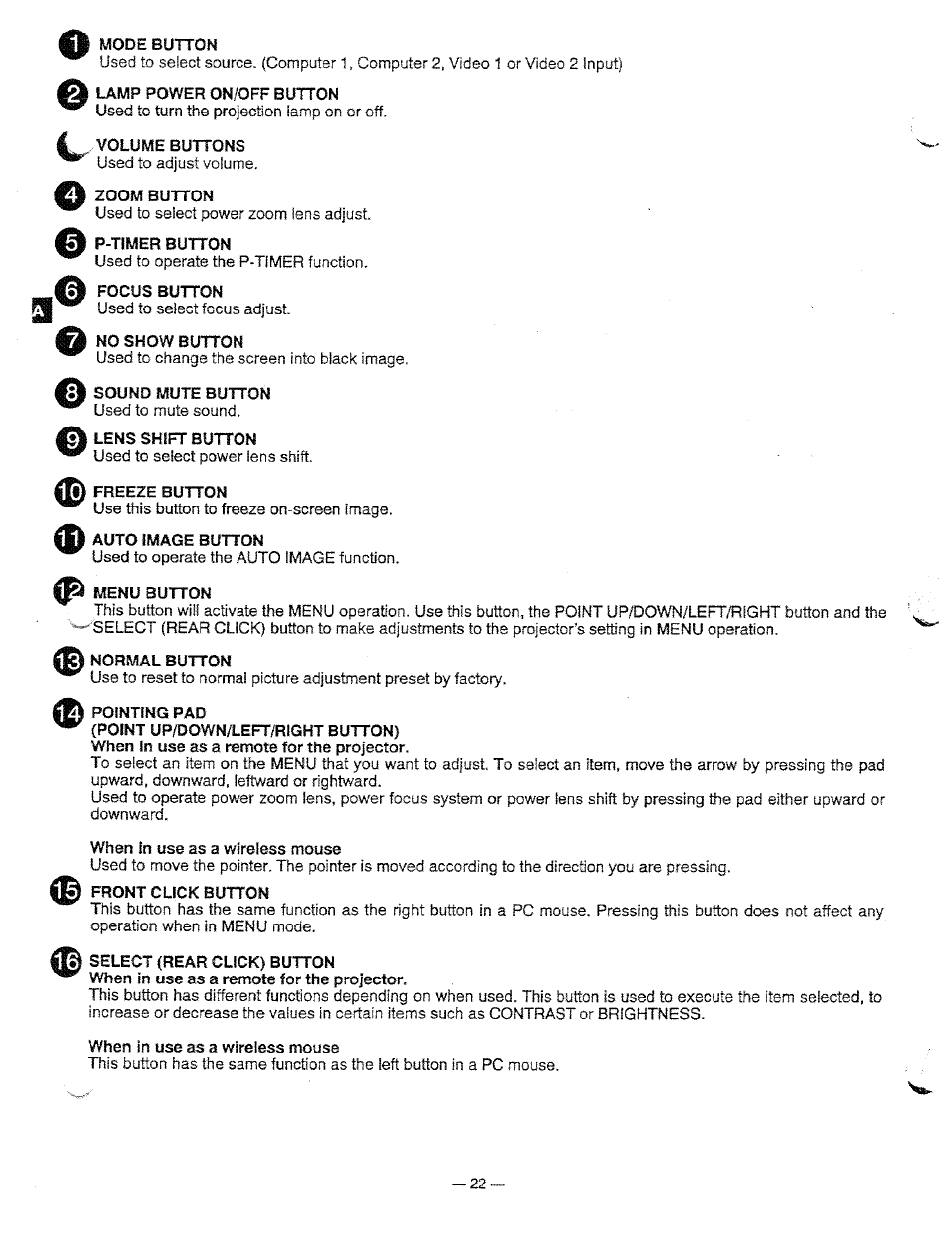 Mode button, Lamp power on/off button, Volume buttons | Fi« zoom button, P-timer button, Q lens shift button, Ii freeze button, Menu button, Normal button, Point up/down/left/right button) | Ask Proxima Pro AV 9310L User Manual | Page 22 / 49