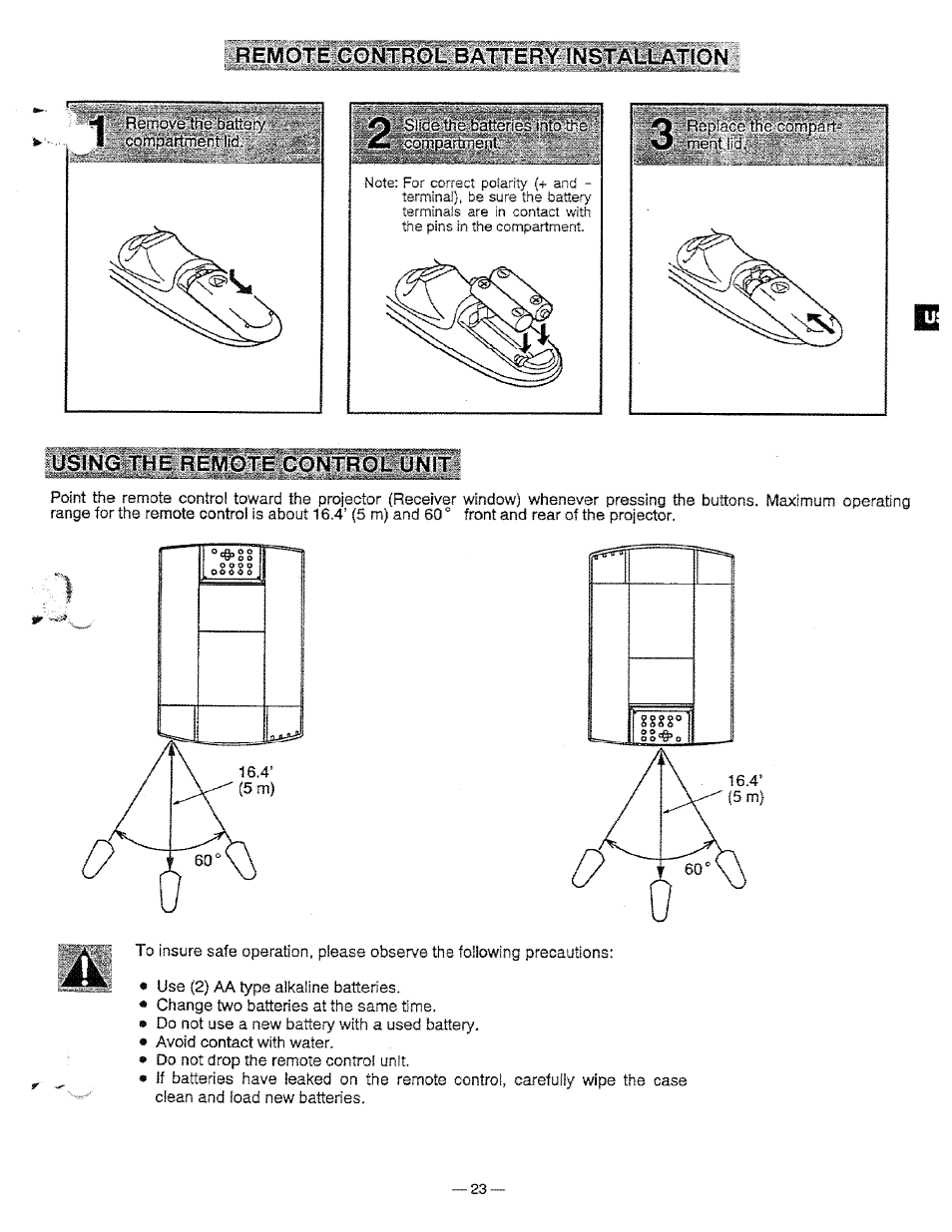 Using the remote control unit, Remote control battery installation | Ask Proxima Pro AV 9310L User Manual | Page 23 / 49
