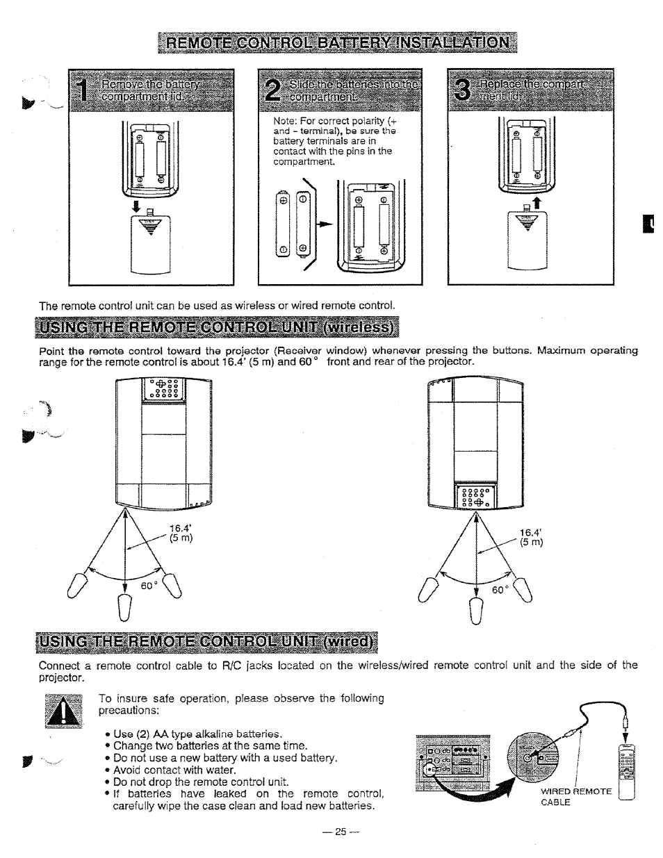 Compc-rtriieni, U5jnp^the remote control unit (wireless), Using the remote control unit (wired)j | Remote control battery installation | Ask Proxima Pro AV 9310L User Manual | Page 25 / 49