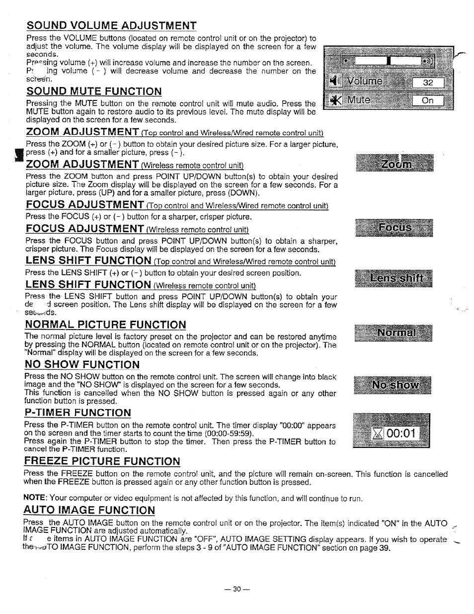 Sound volume adjustment, Sound mute function, Normal picture function | No show function, P-timer function, Freeze picture function, Focus, Lens shift, Normal, N'p' show | Ask Proxima Pro AV 9310L User Manual | Page 30 / 49