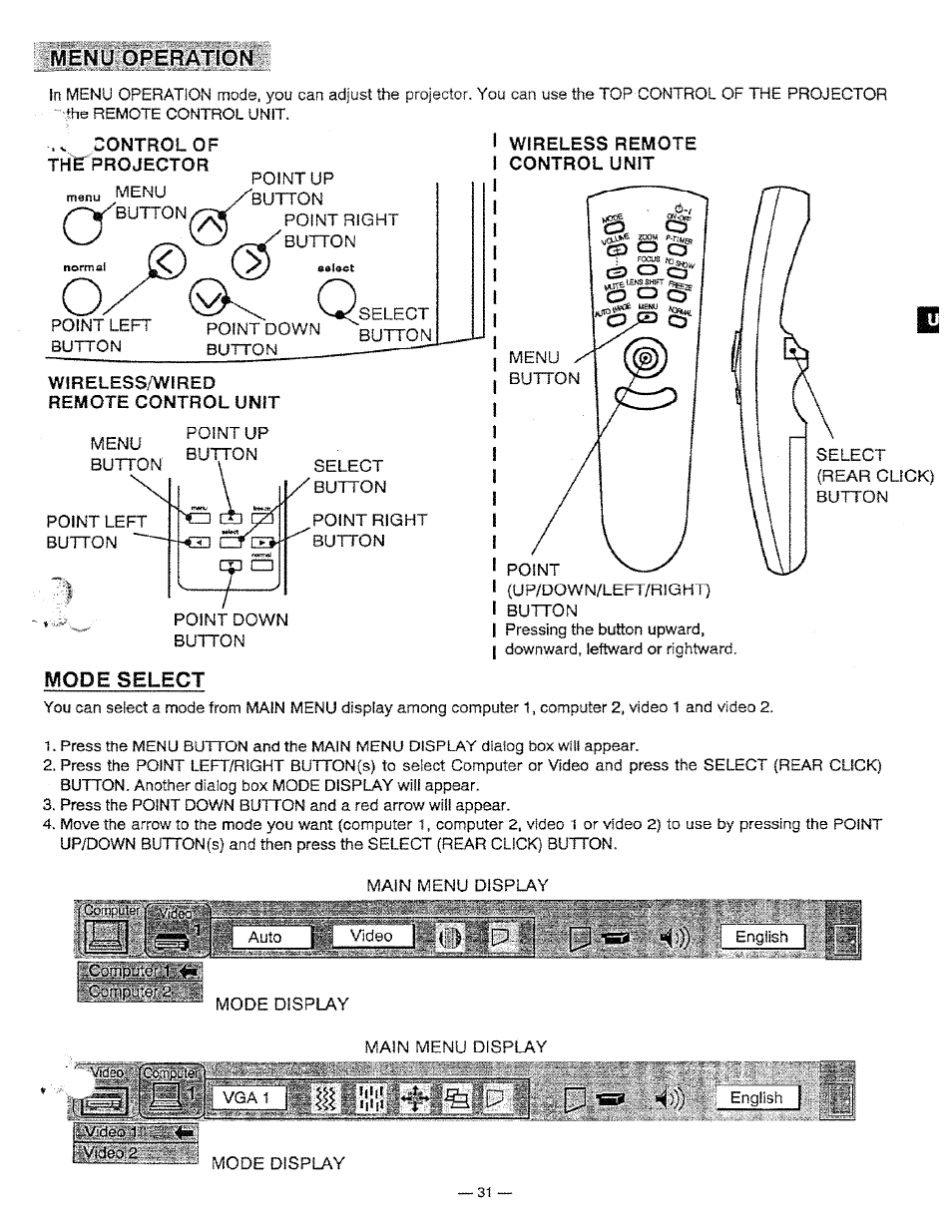 Menü operation, Mode select | Ask Proxima Pro AV 9310L User Manual | Page 31 / 49