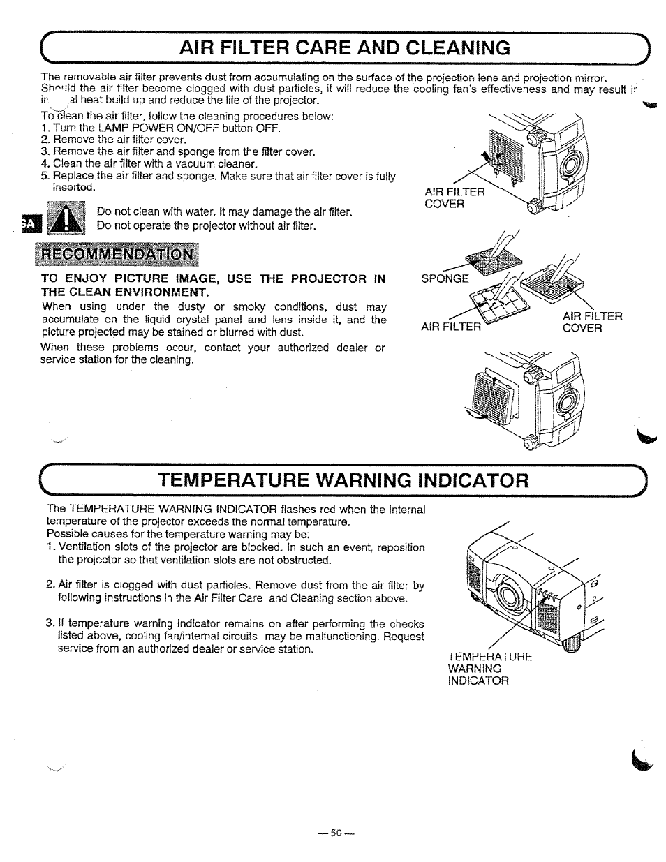 Recommendation, Temperature warning indicator, Air filter care and cleaning | Ask Proxima Pro AV 9310L User Manual | Page 48 / 49