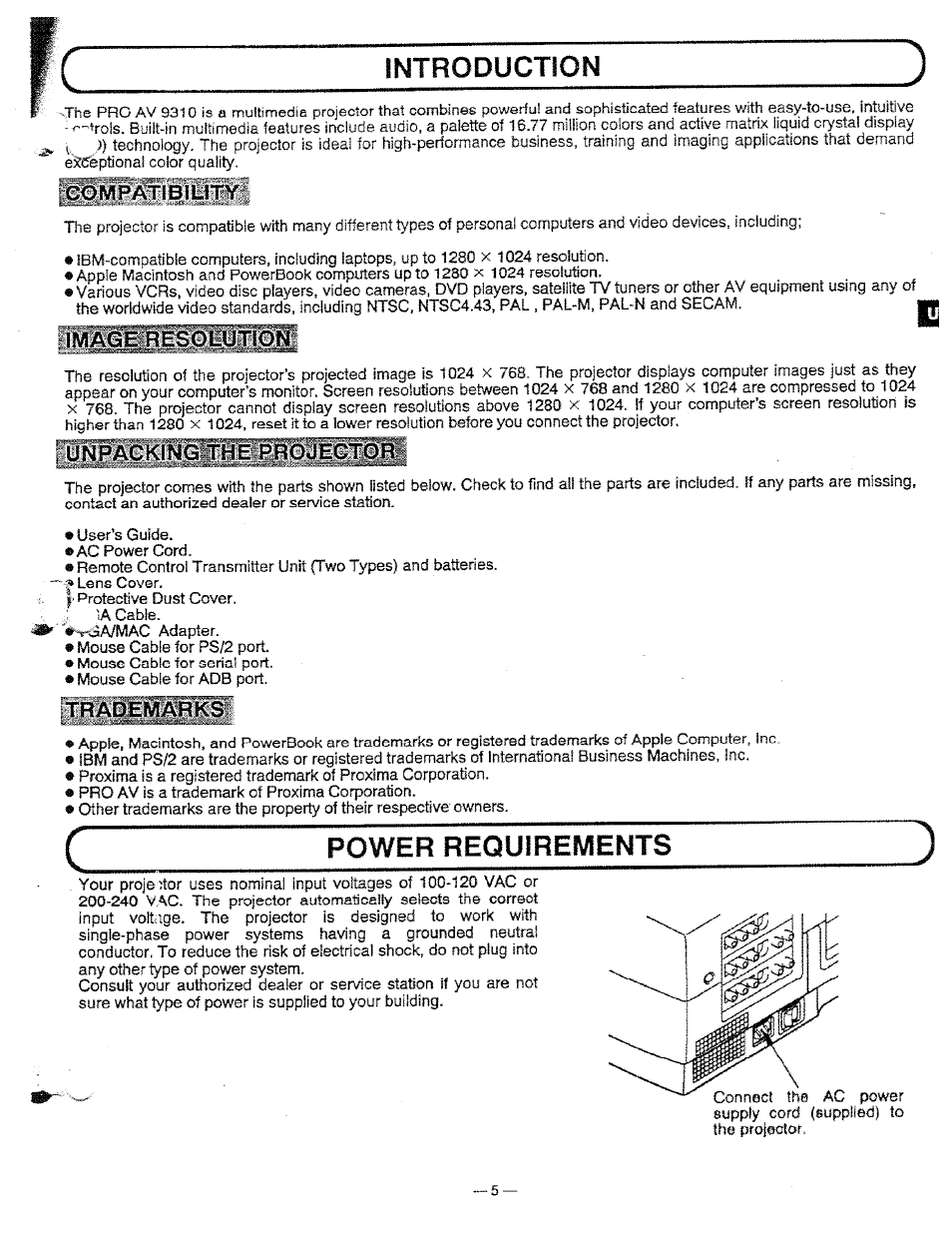 Image resolution, Unpacking the projector, Trademarks | Power requirements, Introduction | Ask Proxima Pro AV 9310L User Manual | Page 5 / 49