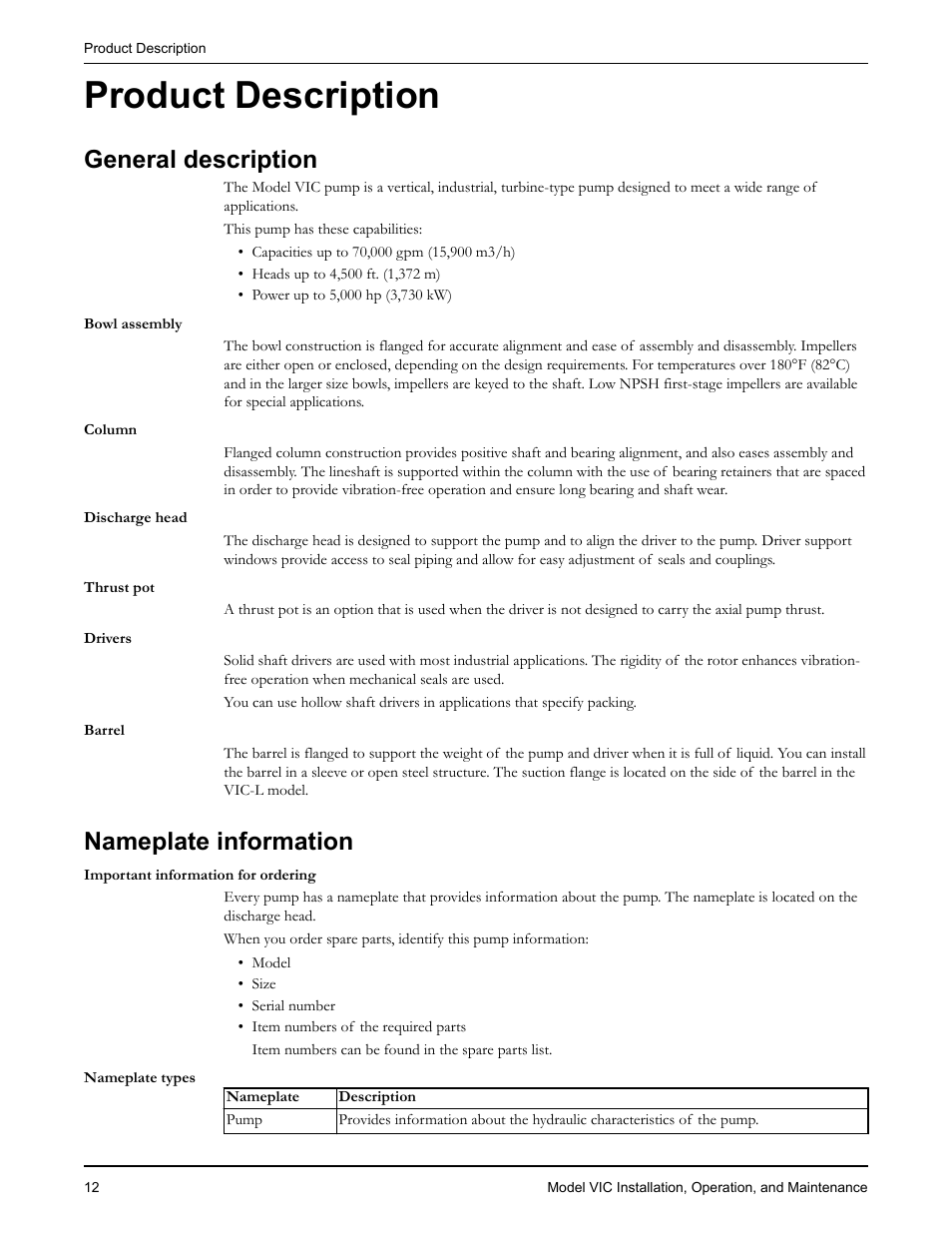 Product description, General description, Nameplate information | Oduct description, General description nameplate information | Goulds Pumps VIC - IOM User Manual | Page 14 / 72