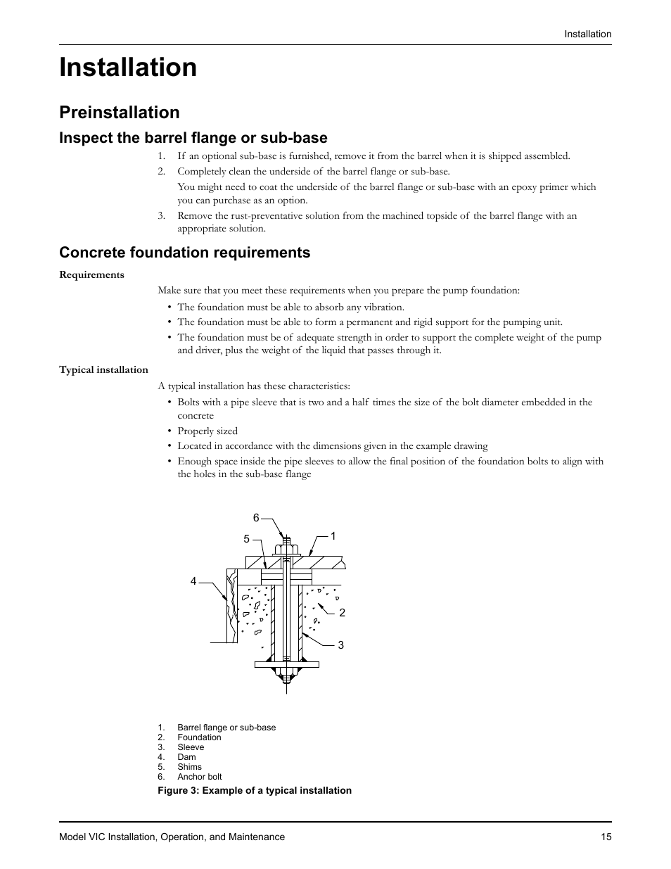 Installation, Preinstallation, Inspect the barrel flange or sub-base | Concrete foundation requirements | Goulds Pumps VIC - IOM User Manual | Page 17 / 72