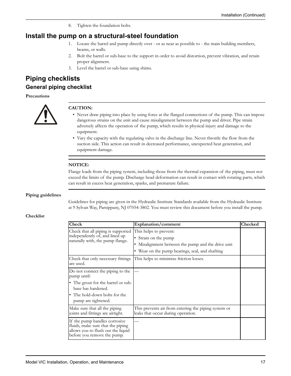 Install the pump on a structural-steel foundation, Piping checklists, General piping checklist | Goulds Pumps VIC - IOM User Manual | Page 19 / 72