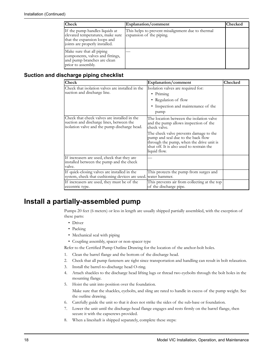 Suction and discharge piping checklist, Install a partially-assembled pump | Goulds Pumps VIC - IOM User Manual | Page 20 / 72