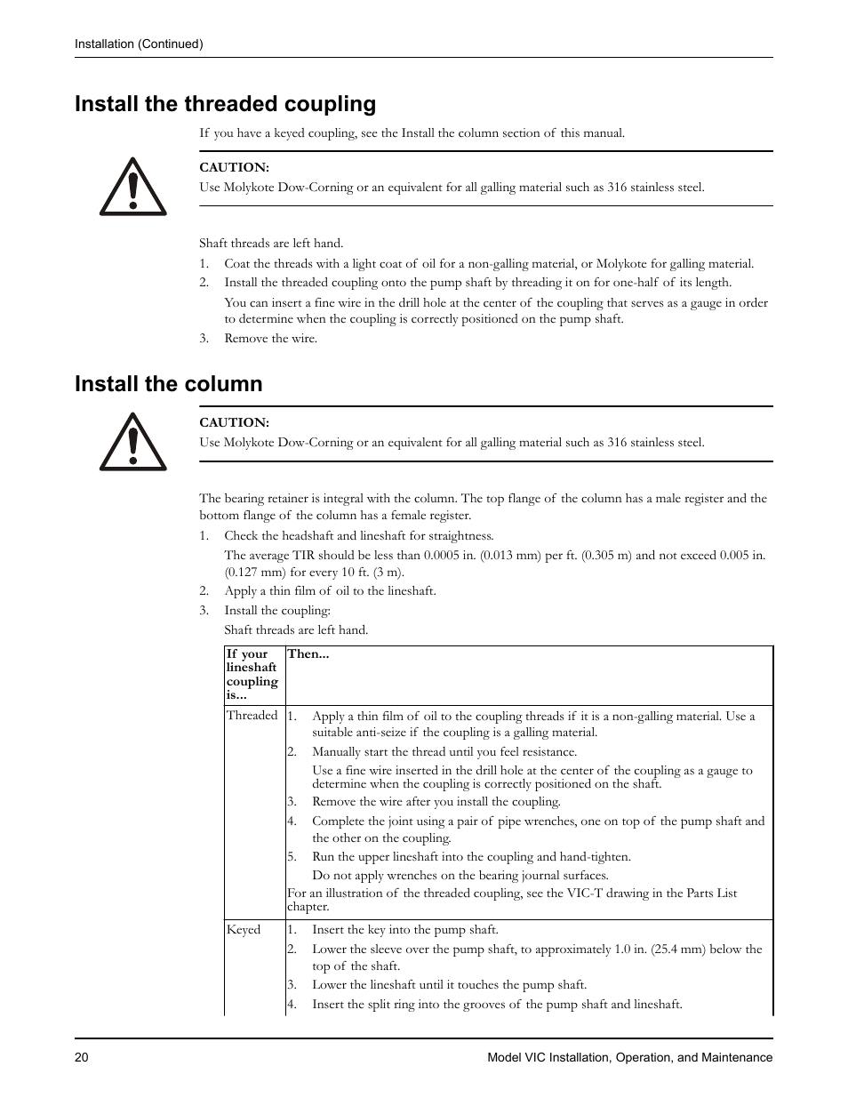 Install the threaded coupling, Install the column, Install the threaded coupling install the column | Goulds Pumps VIC - IOM User Manual | Page 22 / 72