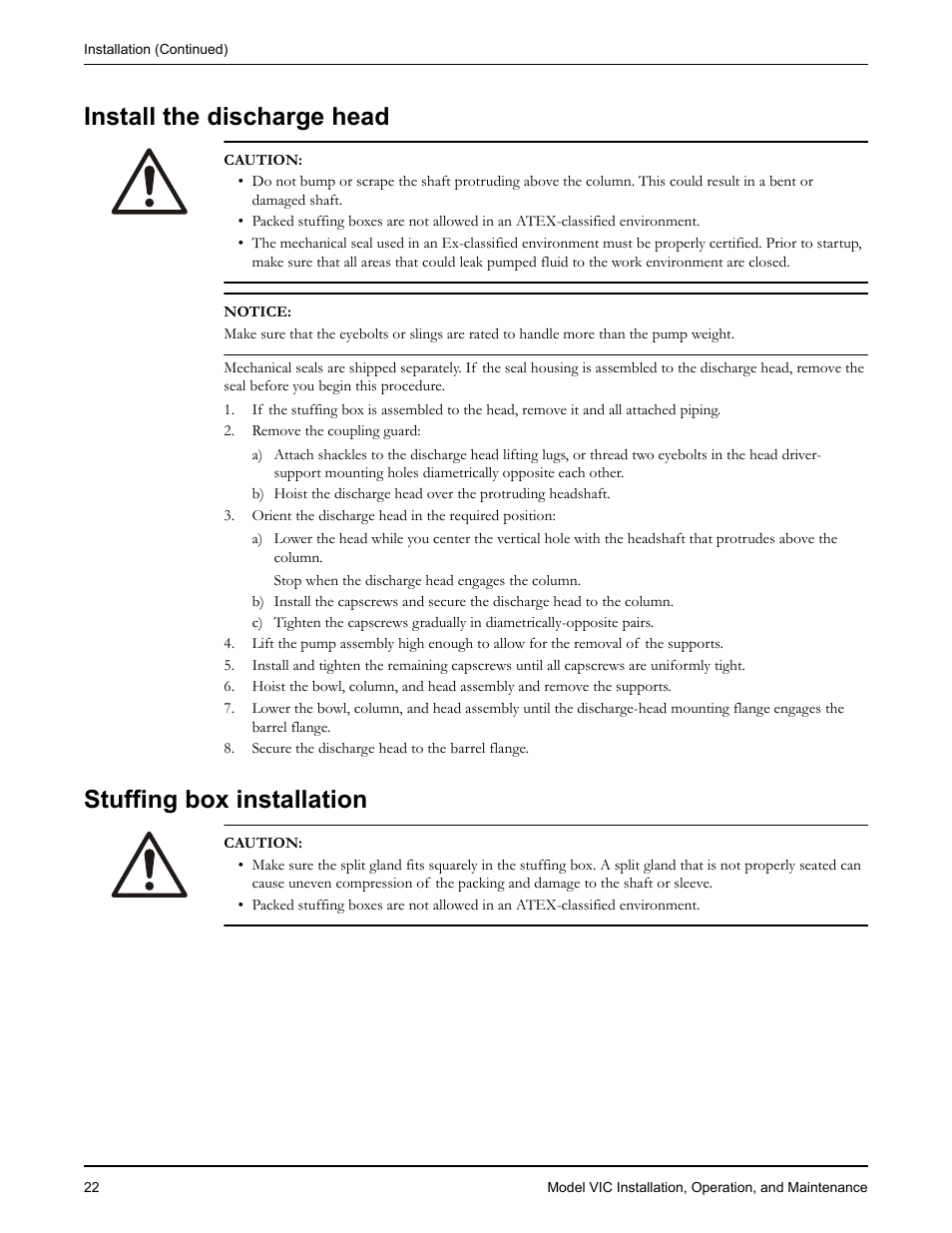 Install the discharge head, Stuffing box installation | Goulds Pumps VIC - IOM User Manual | Page 24 / 72