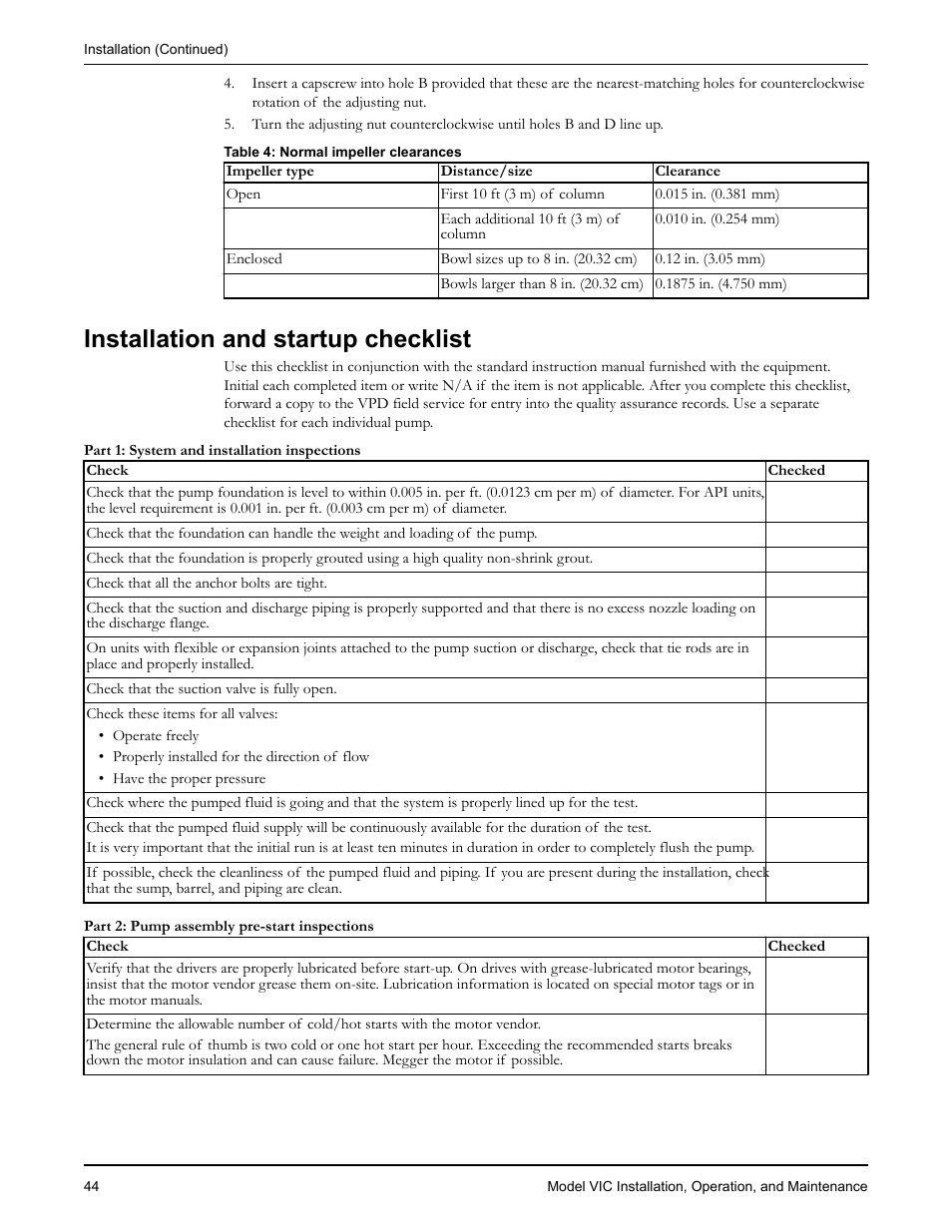 Installation and startup checklist | Goulds Pumps VIC - IOM User Manual | Page 46 / 72