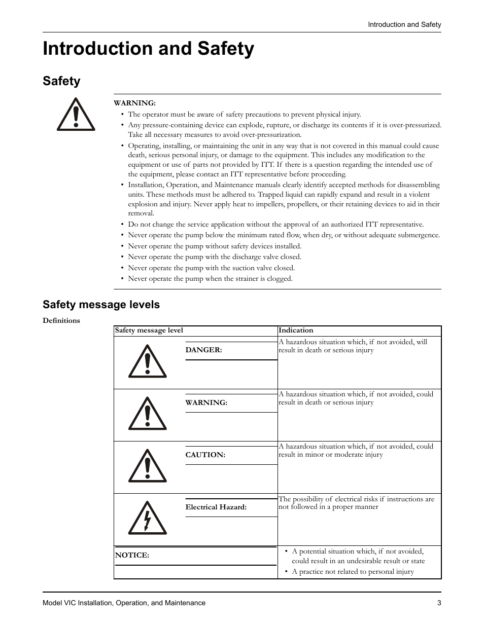 Introduction and safety, Safety, Safety message levels | Goulds Pumps VIC - IOM User Manual | Page 5 / 72