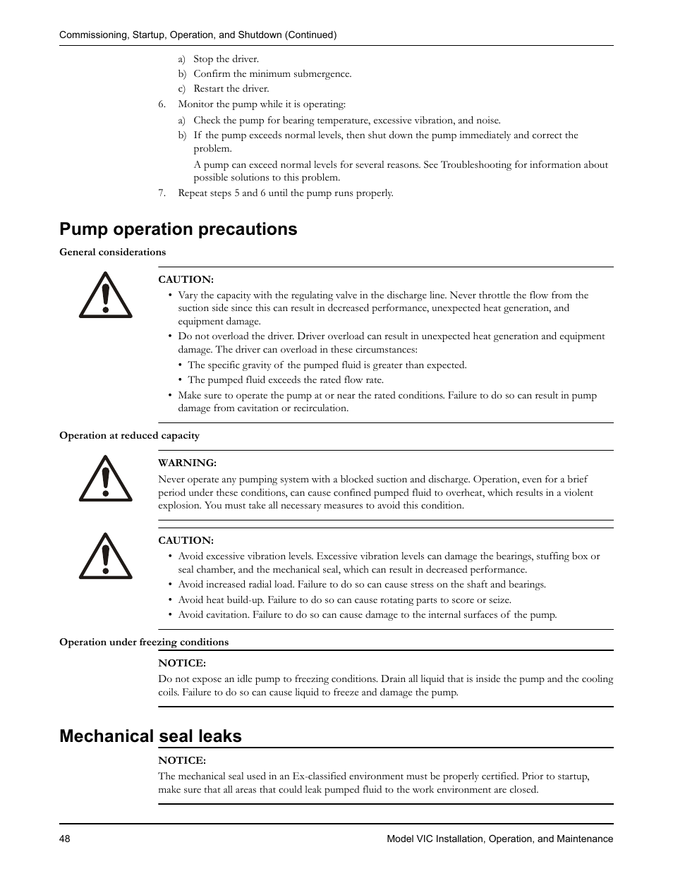 Pump operation precautions, Mechanical seal leaks, Pump operation precautions mechanical seal leaks | Goulds Pumps VIC - IOM User Manual | Page 50 / 72