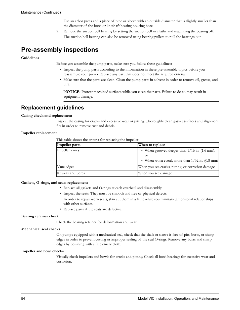 Pre-assembly inspections, Replacement guidelines, Placement guidelines | Goulds Pumps VIC - IOM User Manual | Page 56 / 72