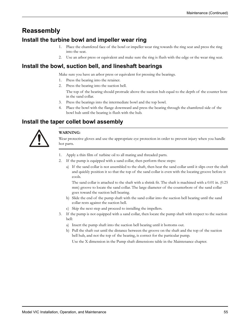 Reassembly, Install the turbine bowl and impeller wear ring, Install the taper collet bowl assembly | Eassembly | Goulds Pumps VIC - IOM User Manual | Page 57 / 72