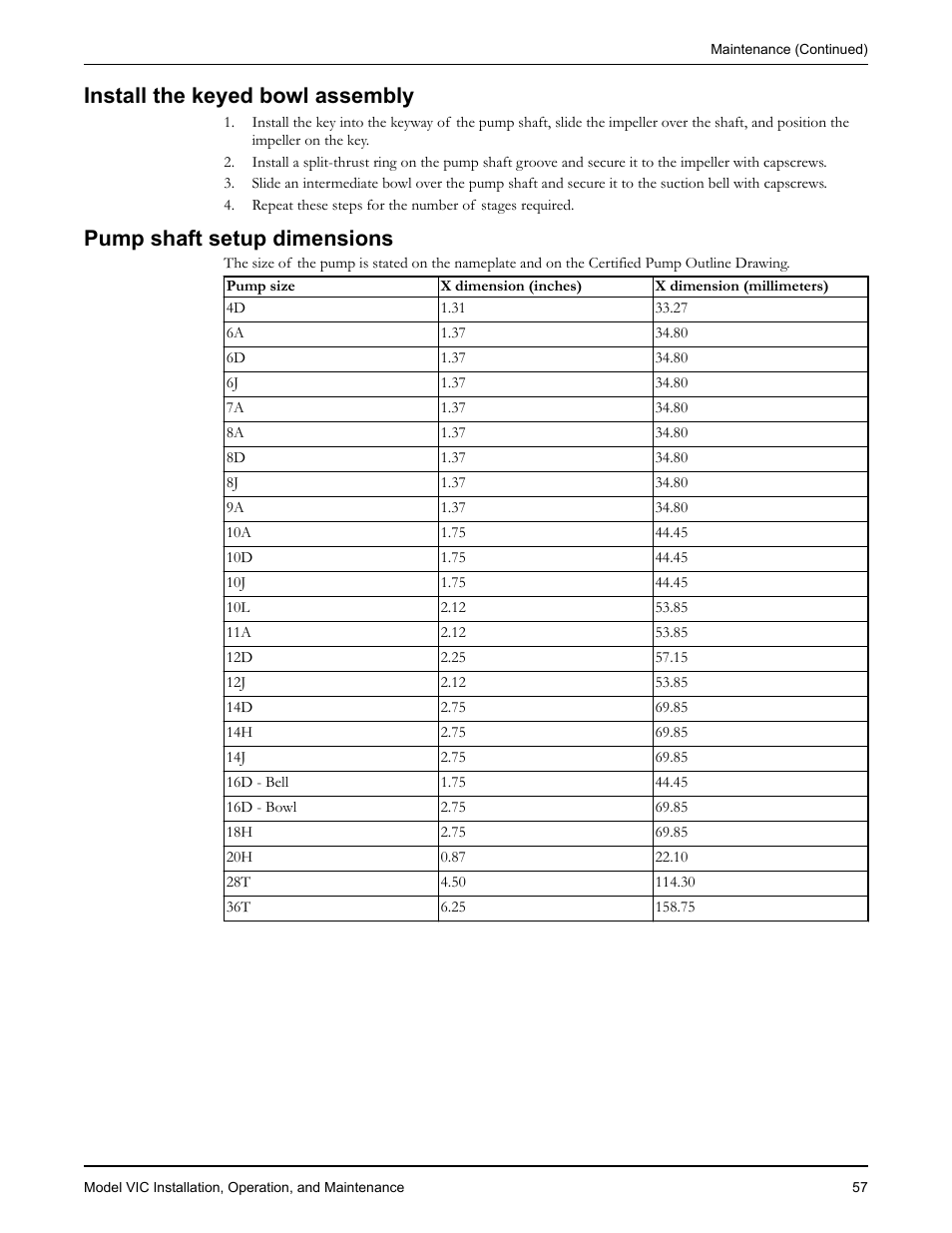 Install the keyed bowl assembly, Pump shaft setup dimensions | Goulds Pumps VIC - IOM User Manual | Page 59 / 72