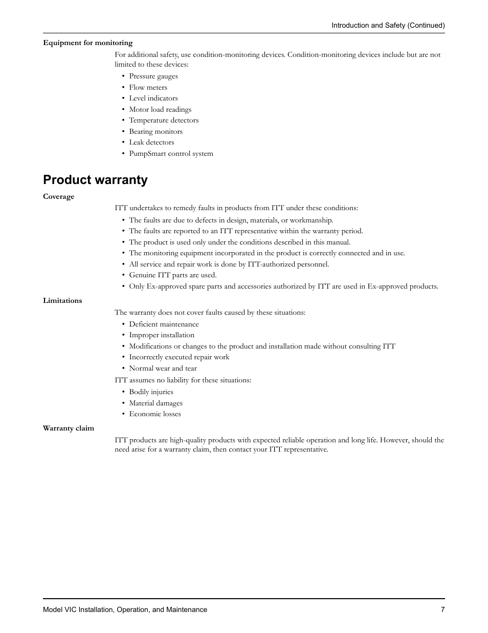 Product warranty | Goulds Pumps VIC - IOM User Manual | Page 9 / 72
