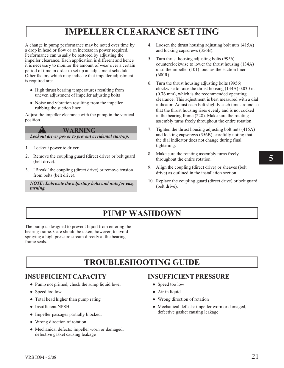 Impeller clearance setting, Pump washdown, Troubleshooting guide | Warning, Insufficient capacity, Insufficient pressure | Goulds Pumps VRS - IOM User Manual | Page 27 / 40