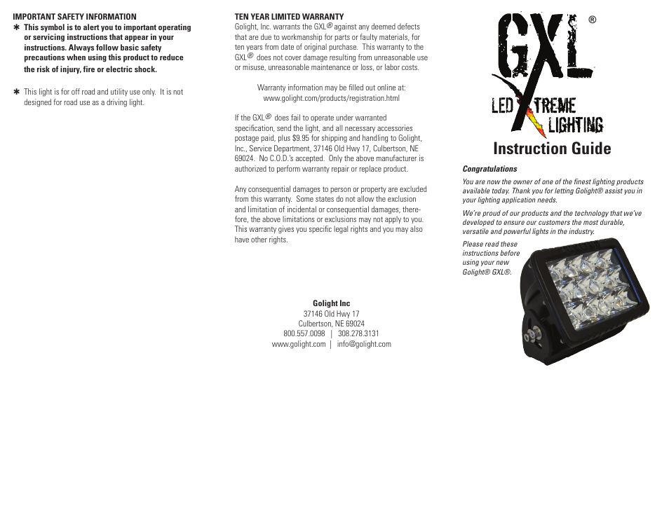 Golight GXL Fixed LED Work Light User Manual | 2 pages