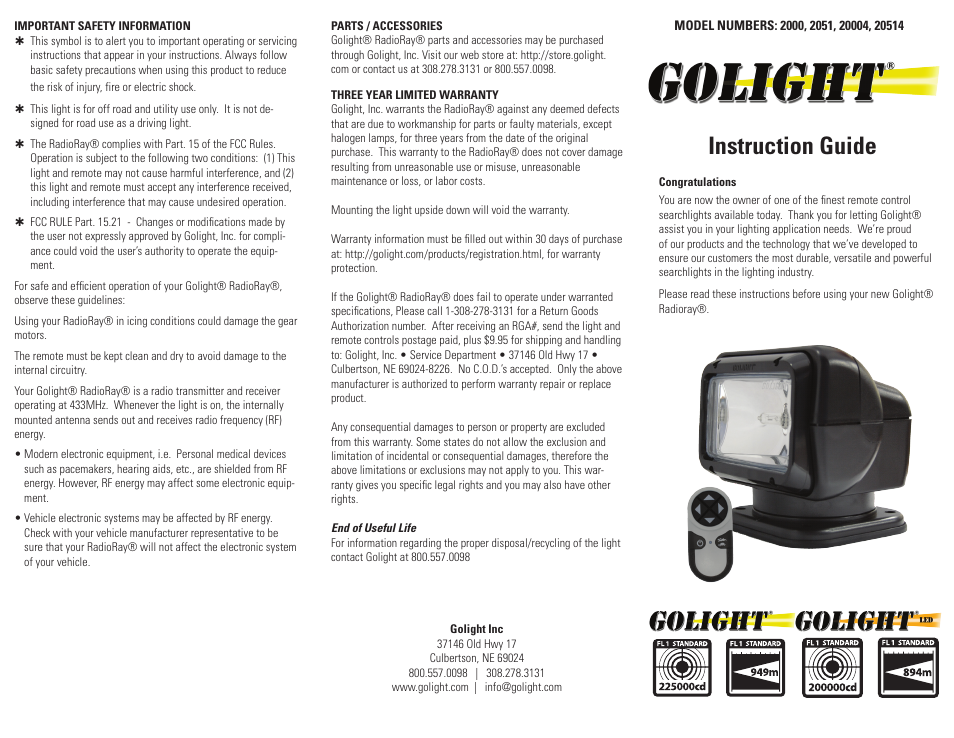 Golight GOLIGHT/RADIORAY LED LED Remote Control Searchlights User Manual | 2 pages