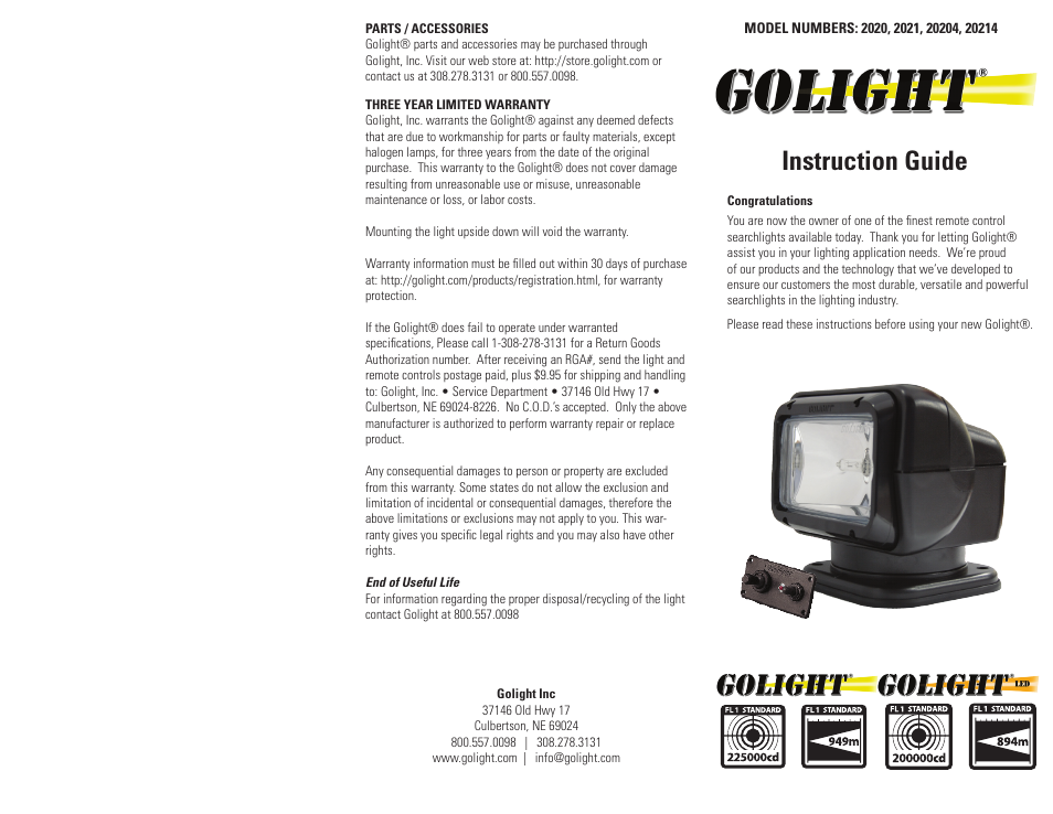 Golight 2020 User Manual | 2 pages