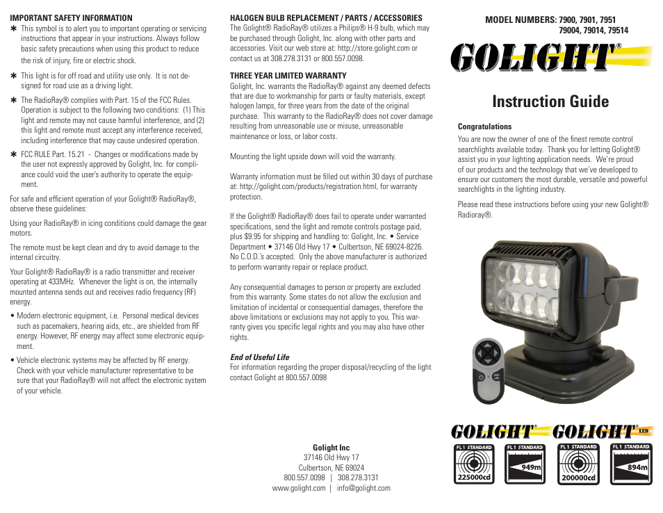 Golight GOLIGHT/RADIORAY LED LED Remote Control Searchlights User Manual | 2 pages