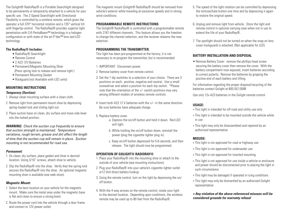 Golight GOLIGHT/RADIORAY LED LED Remote Control Searchlights User Manual | Page 2 / 2