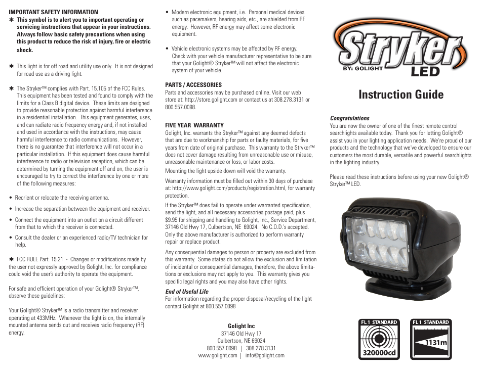 Golight STRYKER® LED MODELS Remote Controlled Searchlights User Manual | 2 pages