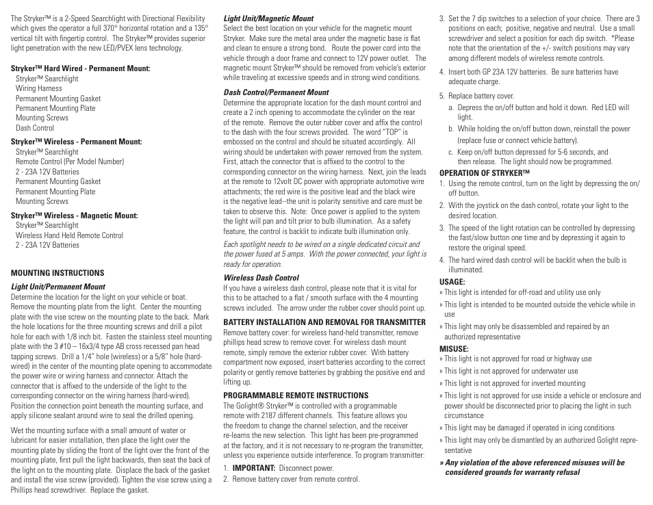 Golight STRYKER® LED MODELS Remote Controlled Searchlights User Manual | Page 2 / 2
