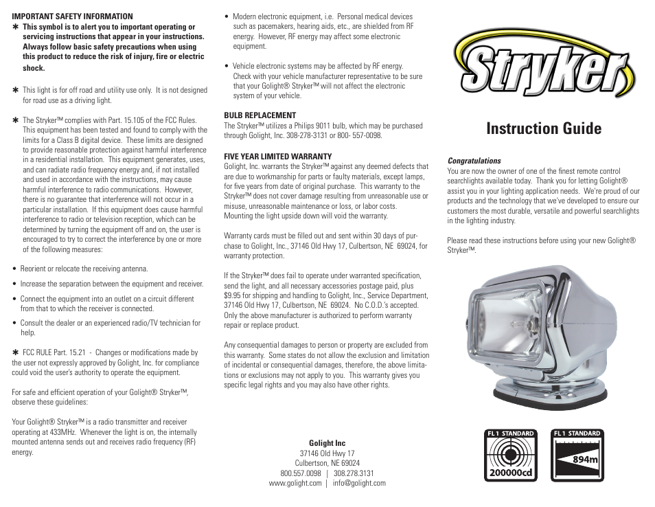 Golight STRYKER™ MODELS Searchlights & Spotlights User Manual | 2 pages