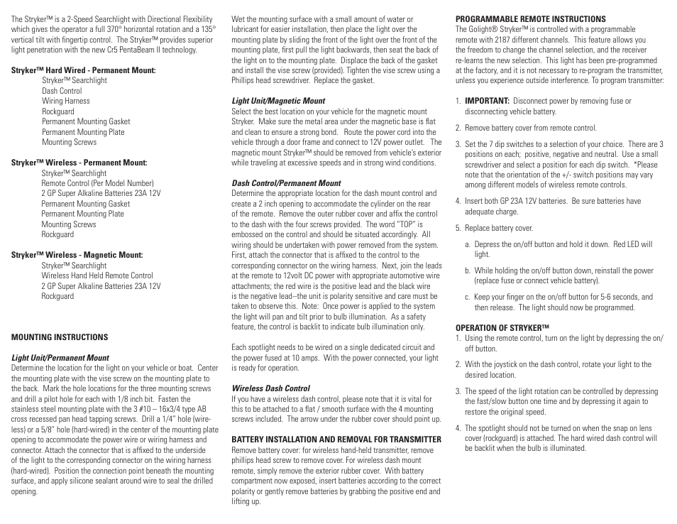 Golight STRYKER™ MODELS Searchlights & Spotlights User Manual | Page 2 / 2