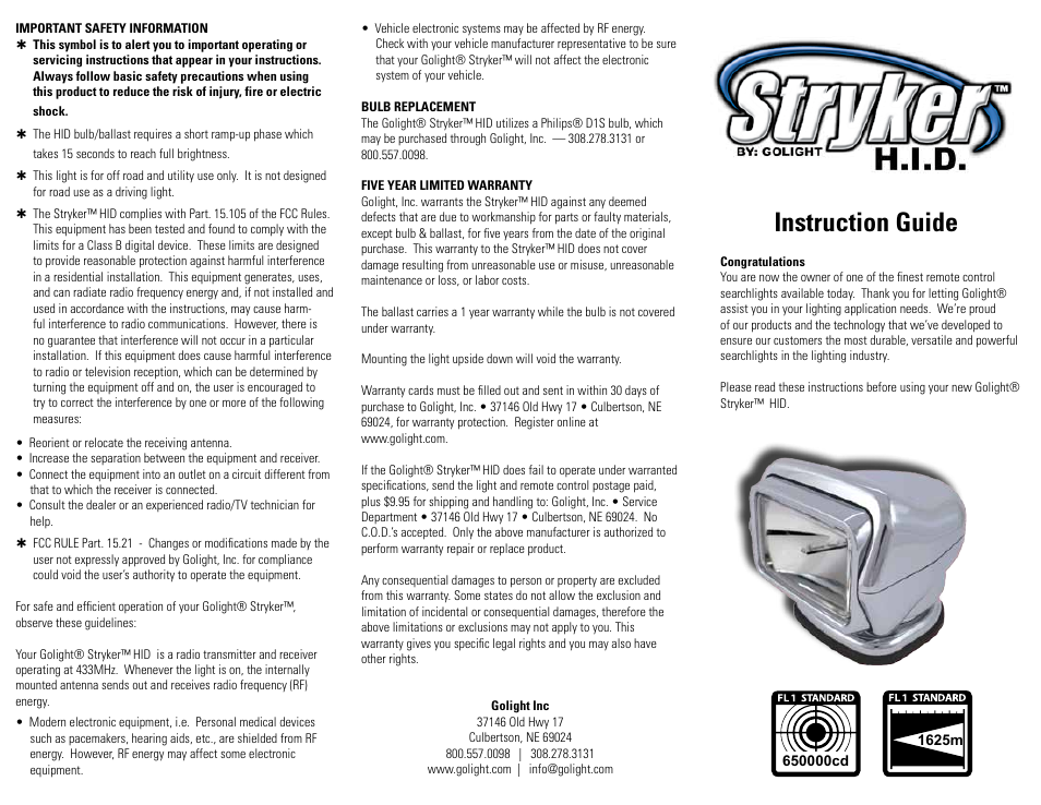 Golight STRYKER™ HID MODELS Searchlights & Spotlights User Manual | 2 pages