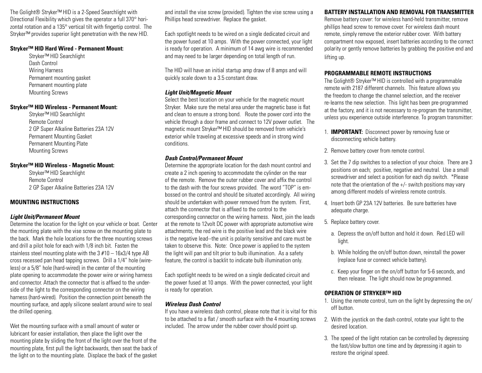 Golight STRYKER™ HID MODELS Searchlights & Spotlights User Manual | Page 2 / 2