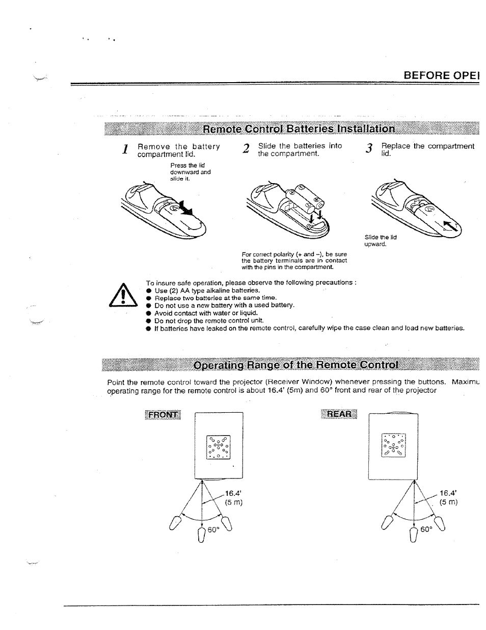 Remote control batteries installation, Operating range of the remote control, Rear | Ask Proxima Ultralight LX User Manual | Page 17 / 40
