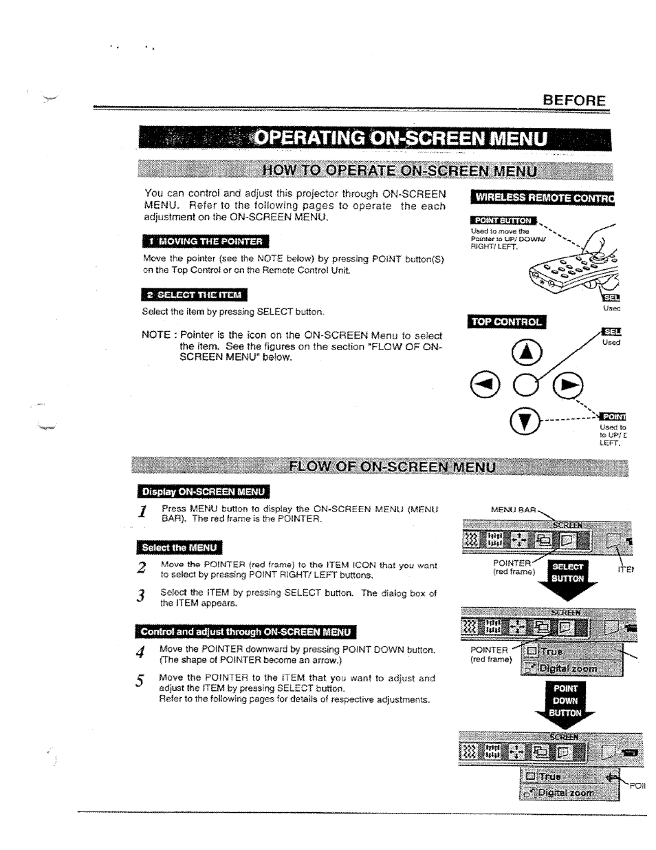 How to operate on-screen menu, Flow of on-screen menu, Coni«i and shd^ust through otiscñem mmm | Before | Ask Proxima Ultralight LX User Manual | Page 19 / 40